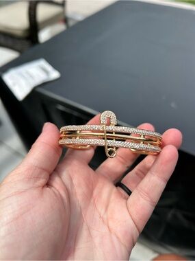 4/$50 Gold-Tone Pave Safety Pin Bangle Bracelet - Women's Jewelry